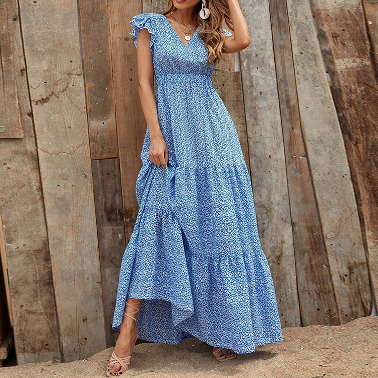 V-Neck High-Waist Floral Print Tiered Short-Sleeve Maxi Dress