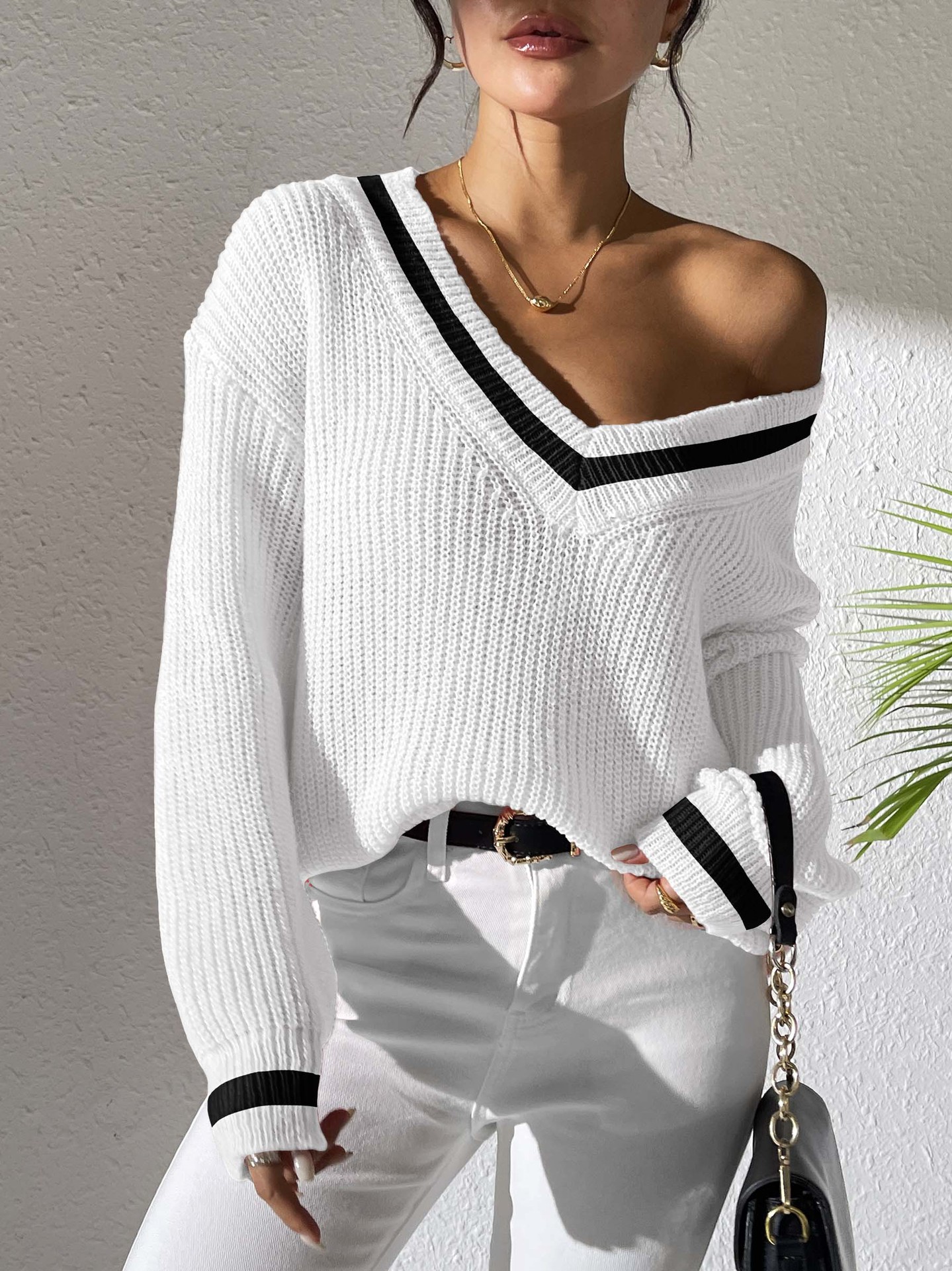 Women's Preppy Color-Block V-Neck Sweater
