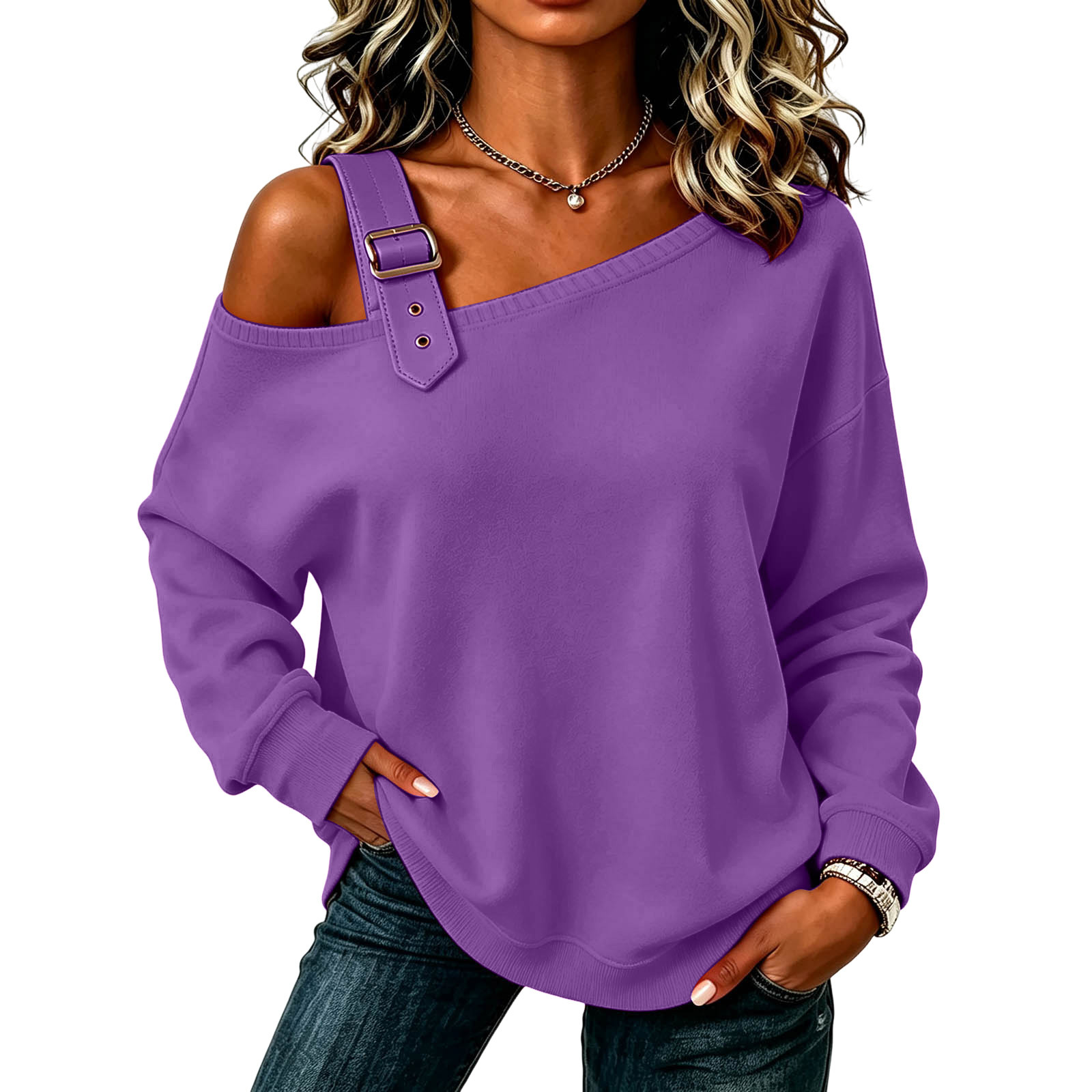 Solid Color Long Sleeve Off-Shoulder Button Hoodie