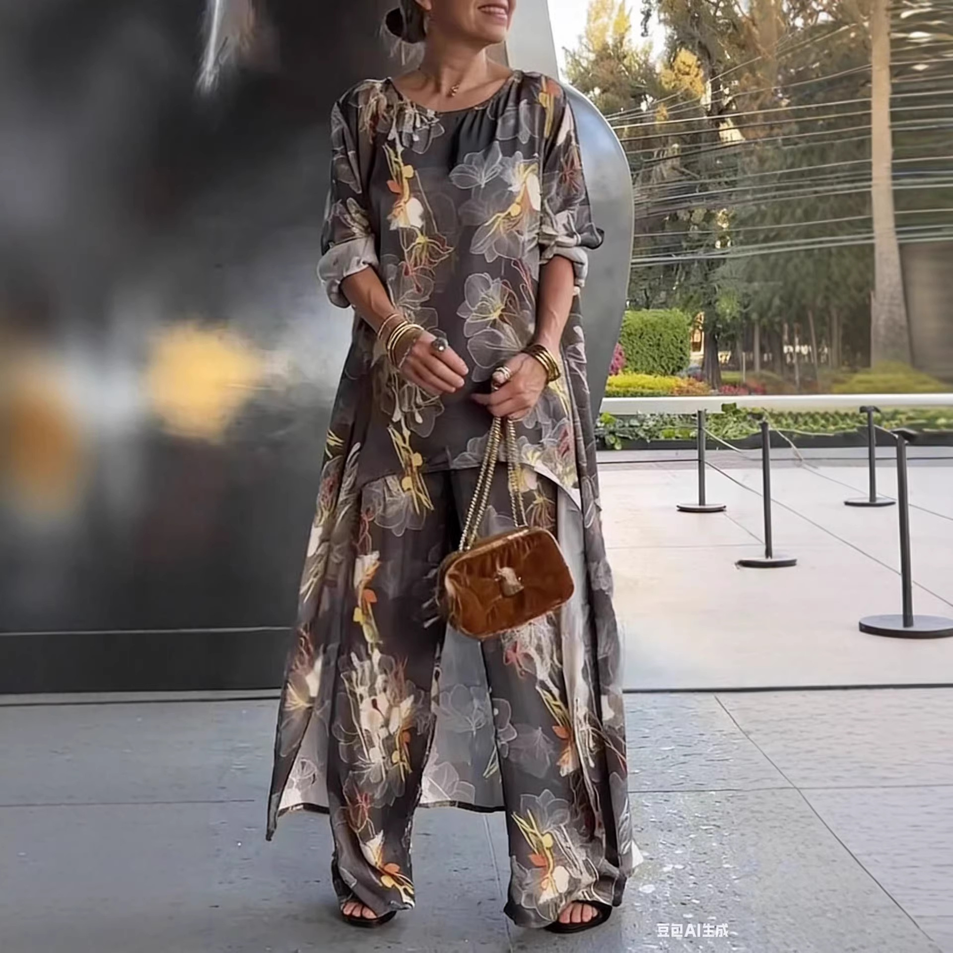 Women's Printed Round Neck Irregular Long Top and Wide-Leg Pants Casual Set