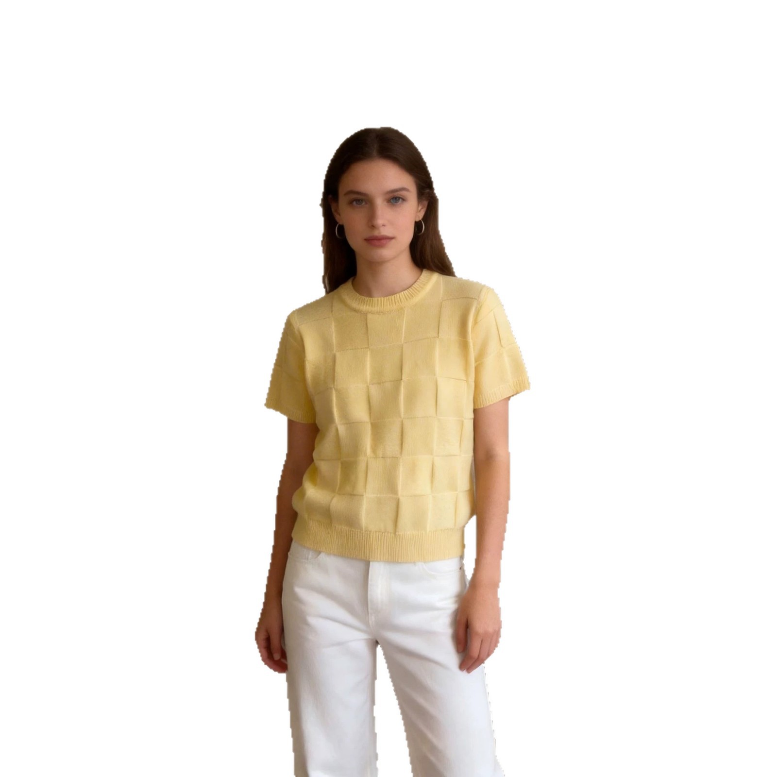 Solid Crewneck Knit Short-Sleeve Top with 3D Block Design
