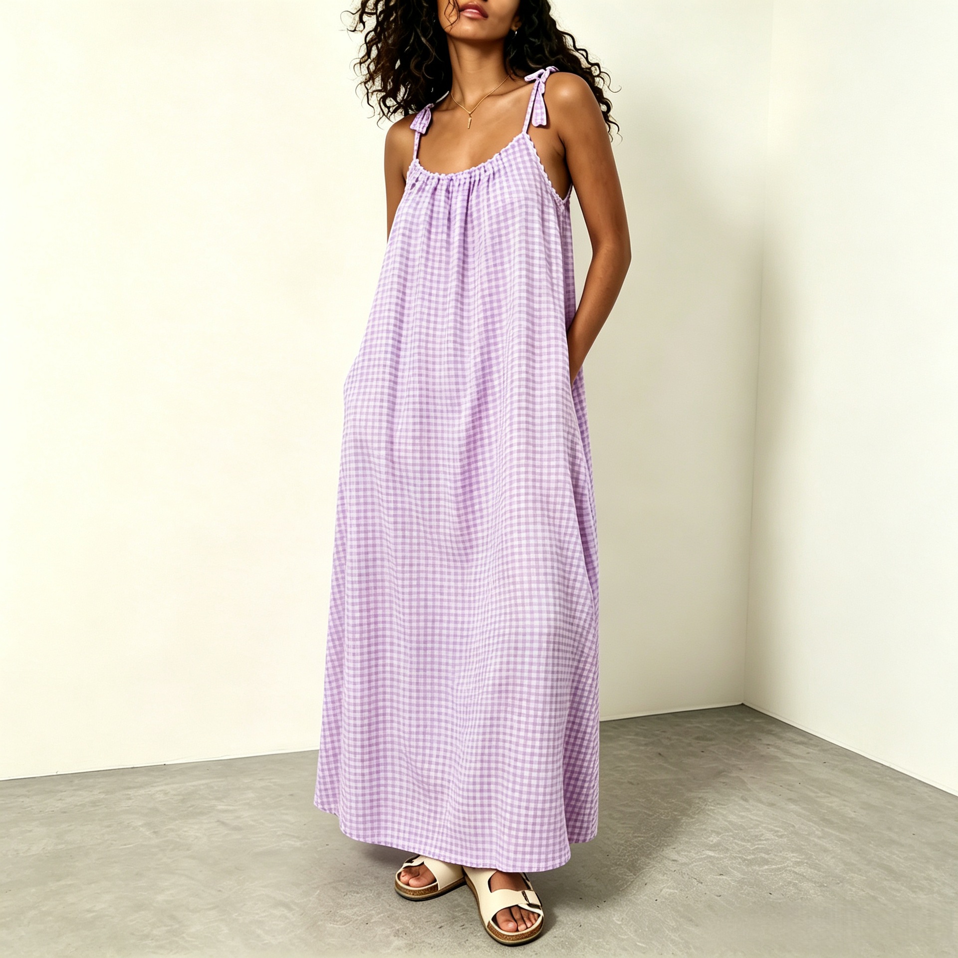 Women's Summer Sleeveless Plaid Maxi Dress Casual Loose Fit
