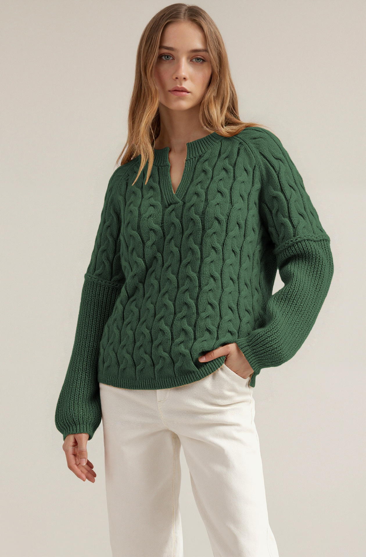Cable-Knit V-Neck Long-Sleeve Sweater