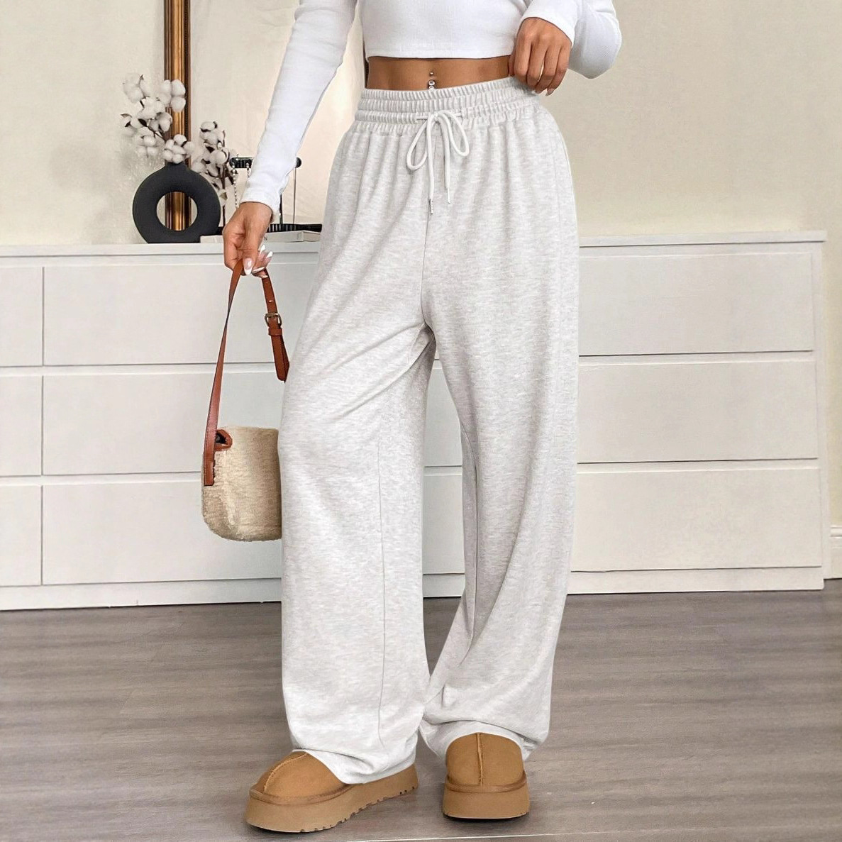 High-Waist Wide-Leg Pants with Pockets and Tie Belt