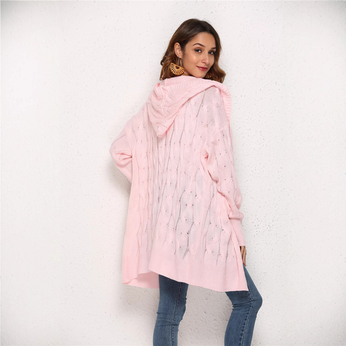 Cable-Knit Hooded Cardigan Sweater, Loose Batwing Sleeve, Black, One Size