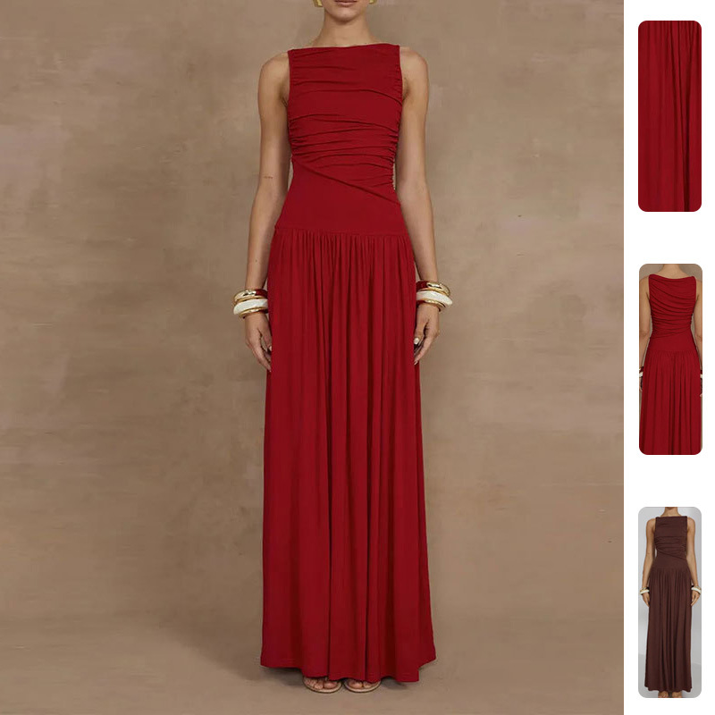 Women's Elegant Pleated Solid Color Long Dress