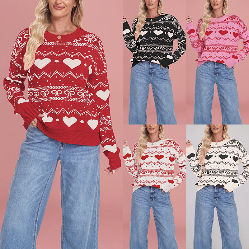 Heart Jacquard Knit Pullover Sweater Plus Size Crew Neck