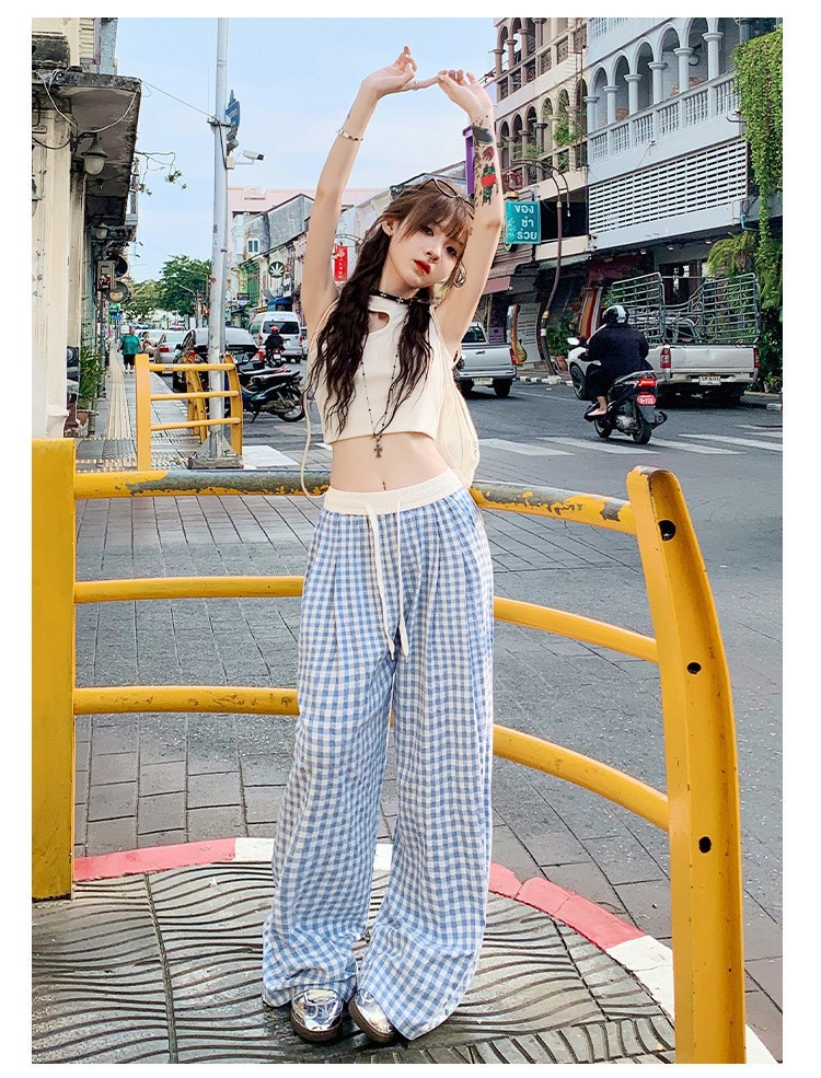 High-Waist Tie-Front Wide-Leg Plaid Pants