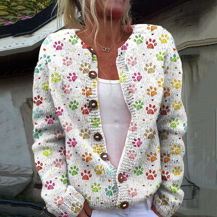 Women's Paw Print Floral Button Cardigan Sweater