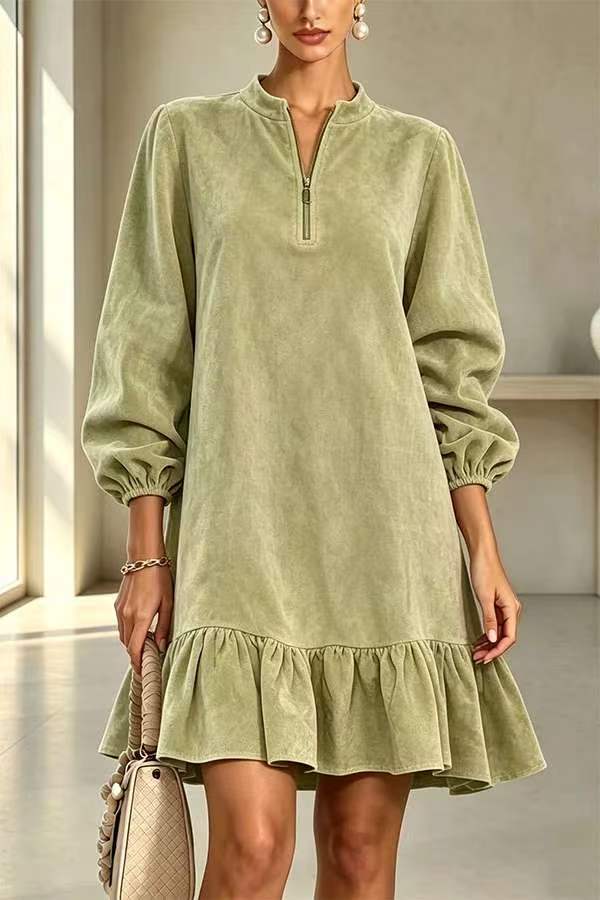 Faux Suede Dress with Lantern Sleeves and Ruffle Half-Zip Stand Collar