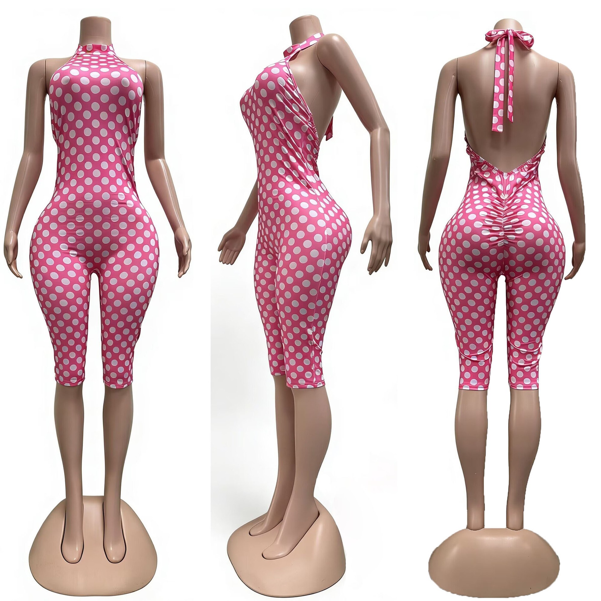 Polka Dot Print Halter Backless Slim Fit Women's Jumpsuit