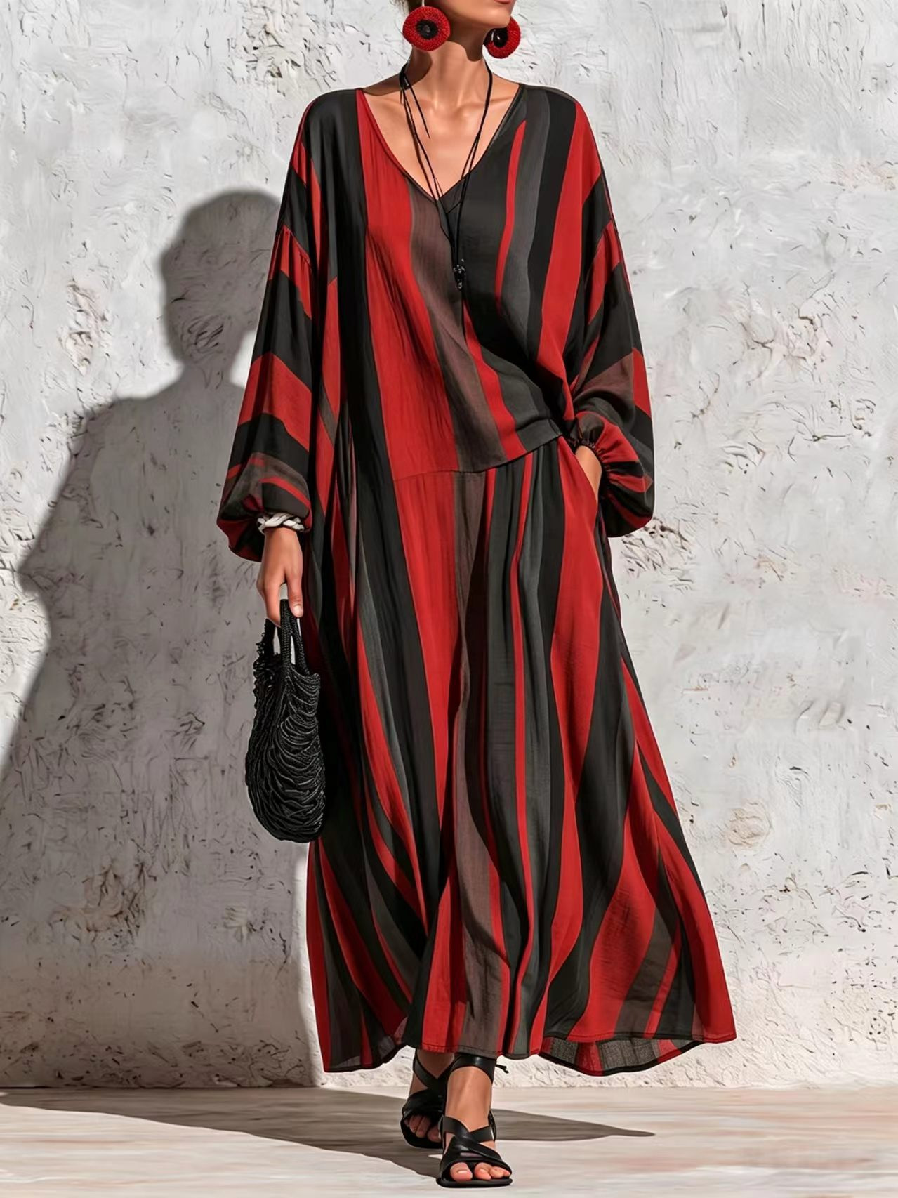 Striped Print V-Neck Long Sleeve Top & Wide-Leg Pants Set