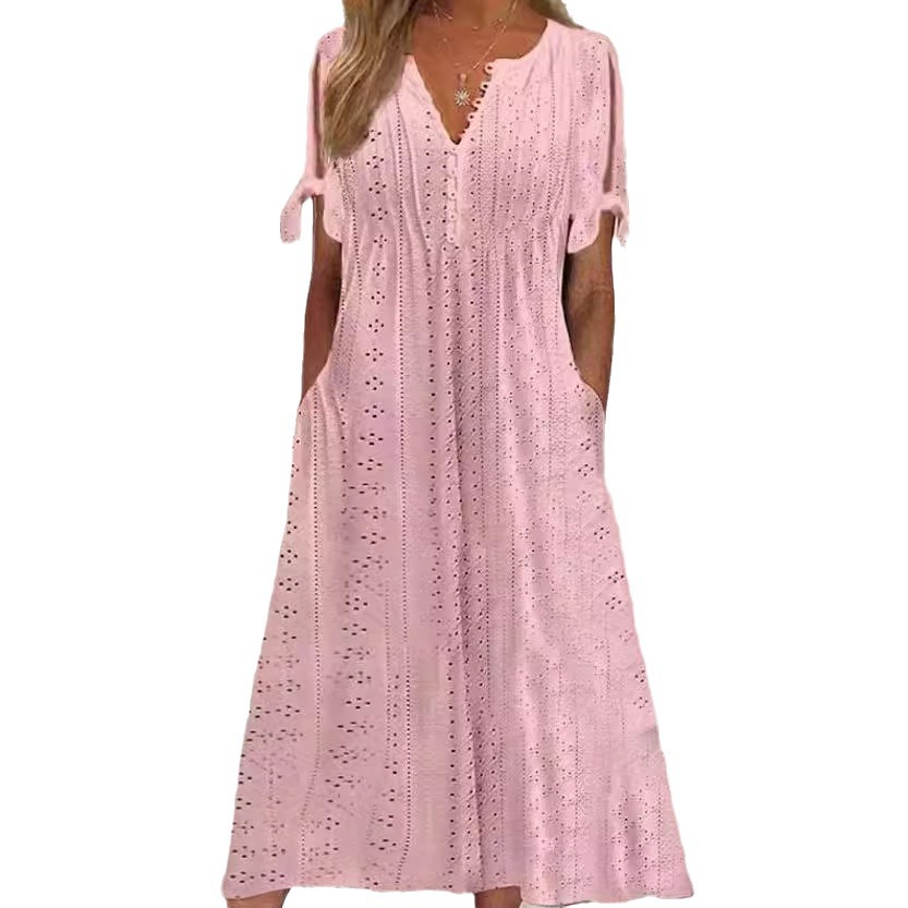Women's Casual Loose High Waist Embroidered Solid Color Dress