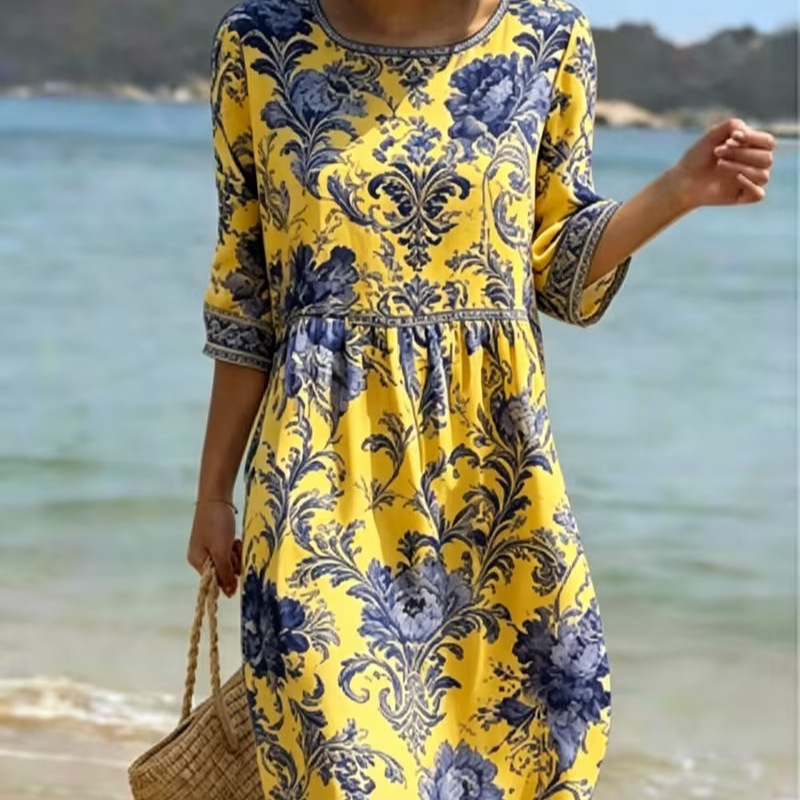 Women's Elegant Floral Print Pleated Midi Dress