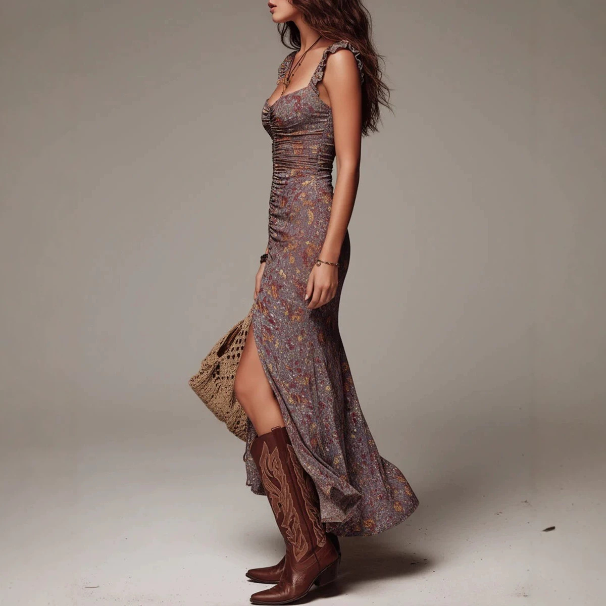 Retro Print High-Slit Bohemian Dress with Cinched Waist