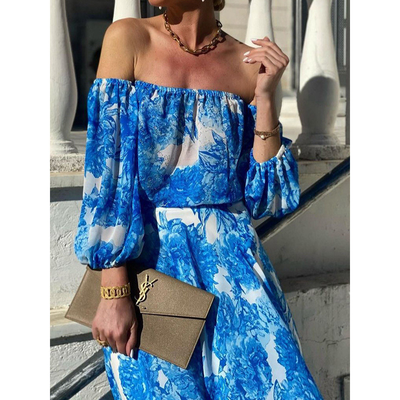 Off-Shoulder Floral Print High-Waist Elegant Midi Dress
