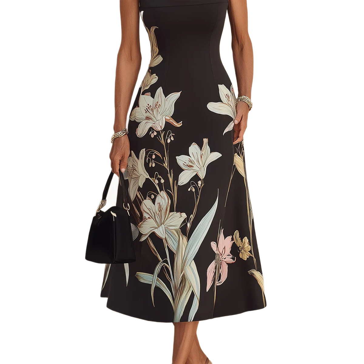 Retro Black Lily Print Square Neck Cami Dress Cinched Waist Midi Umbrella Skirt