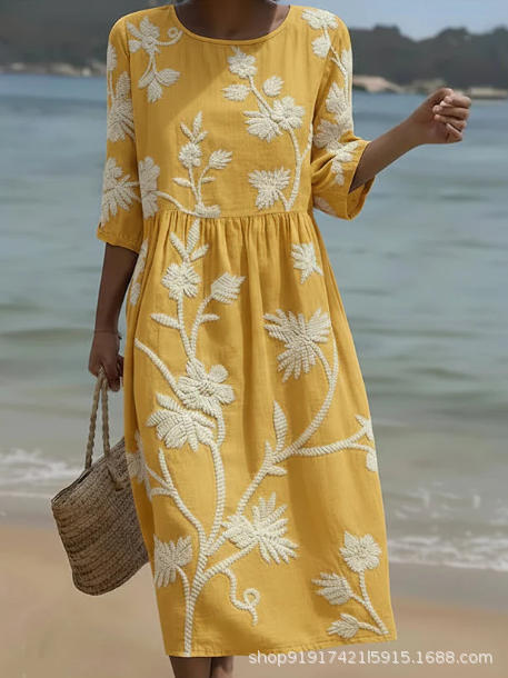 Women's Floral Print Ruched Midi Dress with Half Sleeves