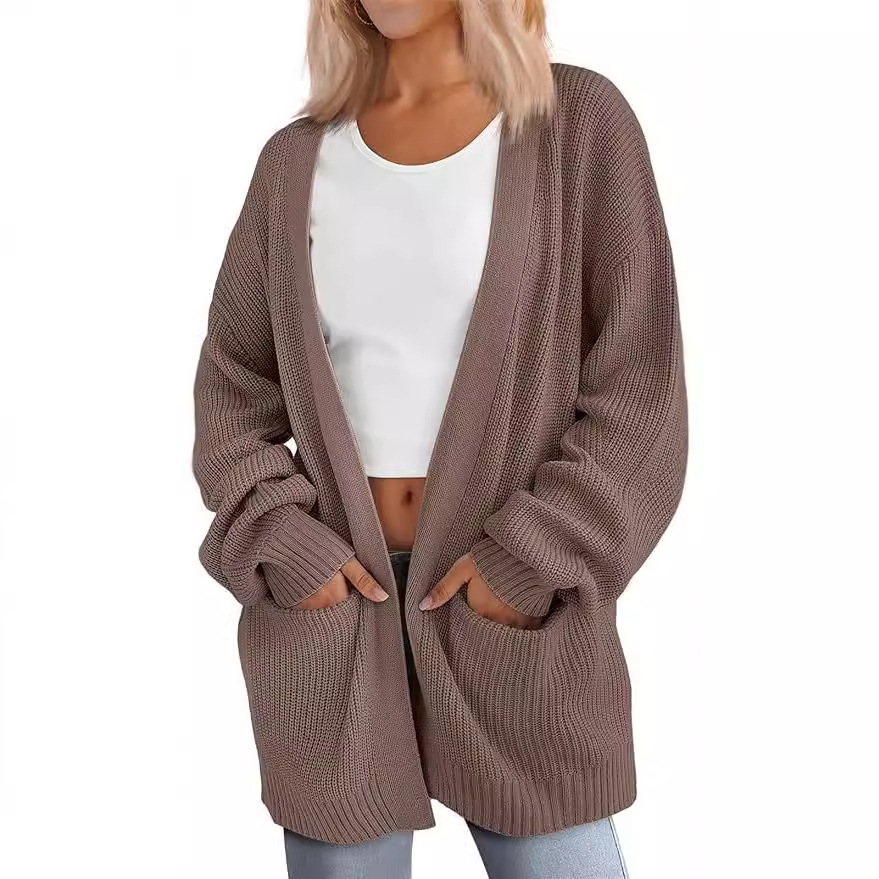 Women's Long Knit Cardigan Loose Cable Knit V-Neck Sweater Coat with Pockets