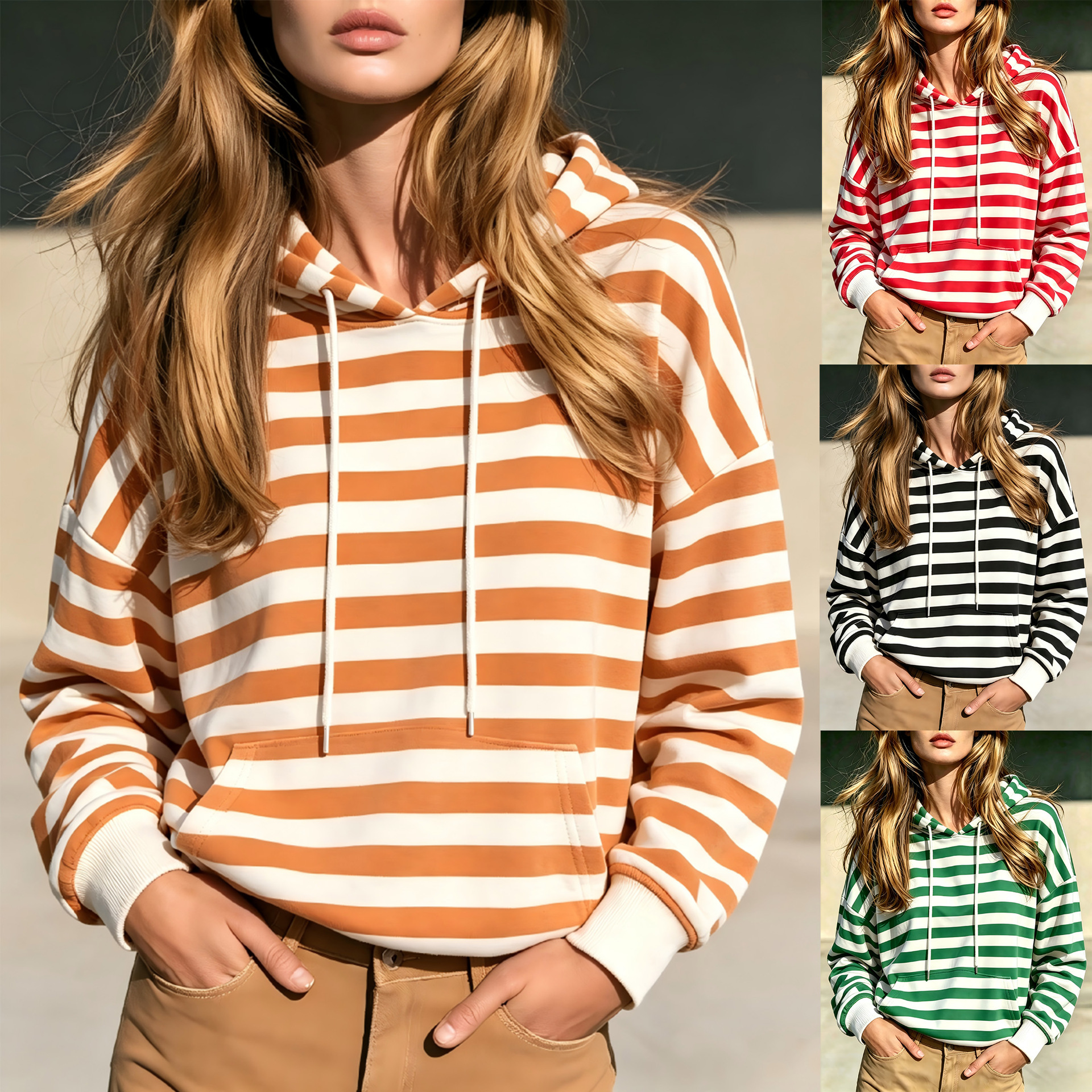 Women's Striped Colorblock Long Sleeve Hoodie