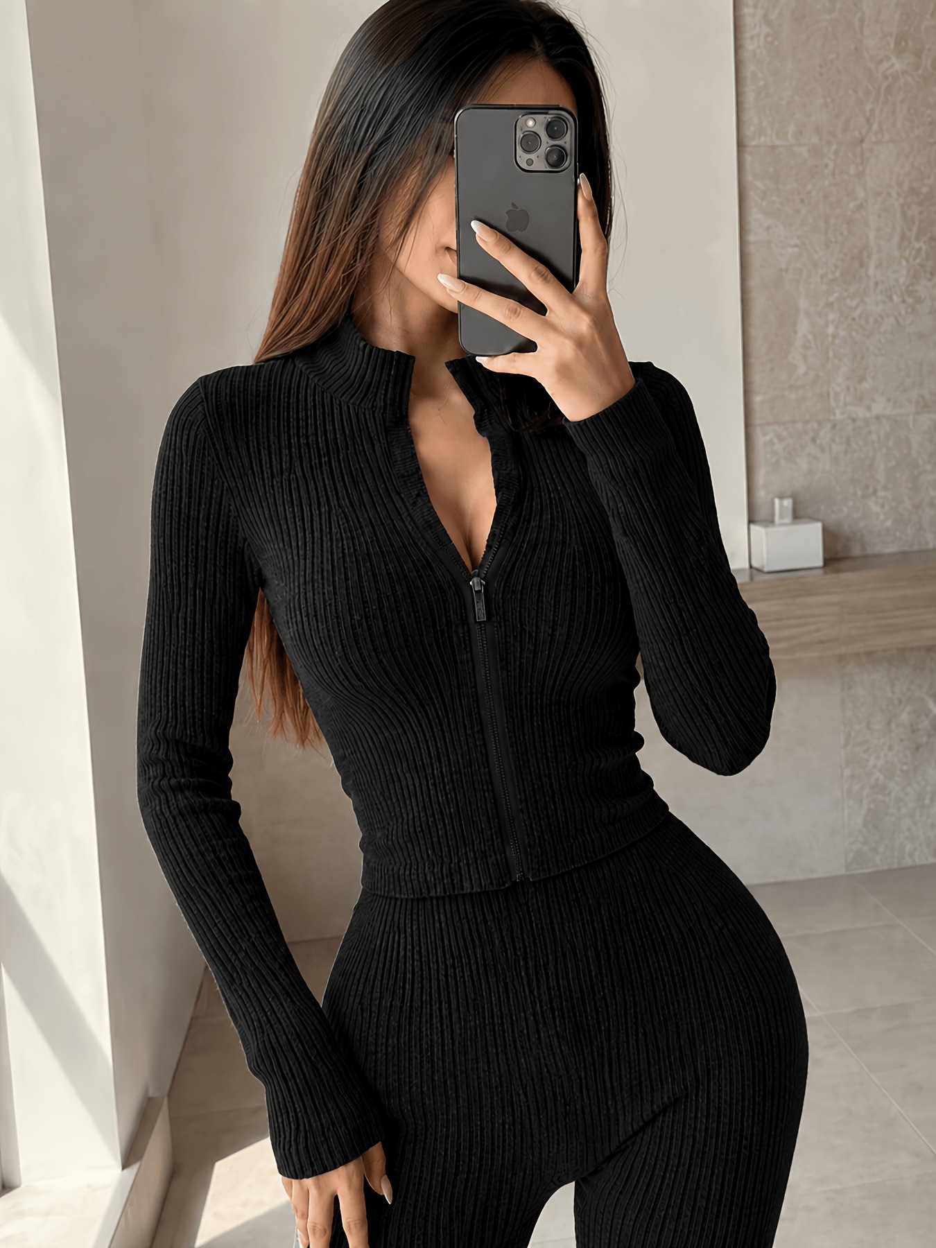 Women's Textured Zip Cardigan & High-Waist Flared Pants Set