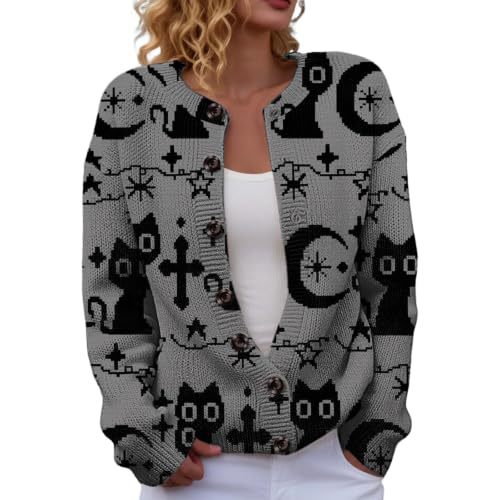 Halloween Pumpkin Castle Print Faux Knit Cardigan for Women