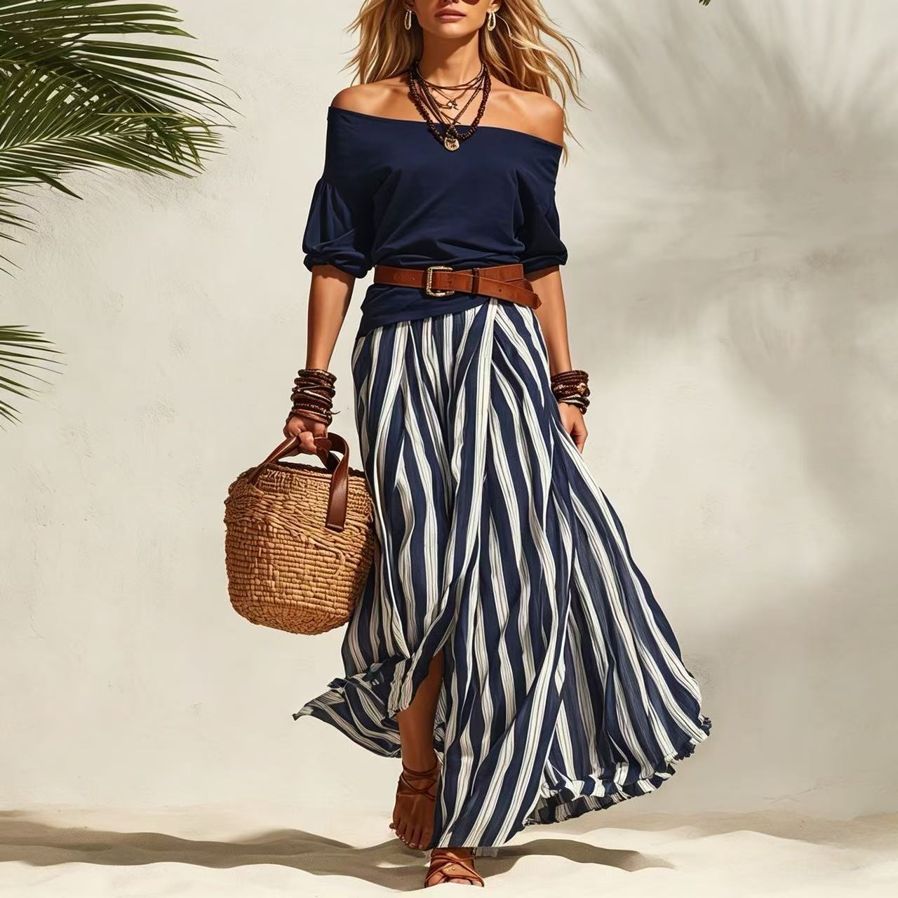 Off-Shoulder Top and Slit Skirt Two-Piece Set