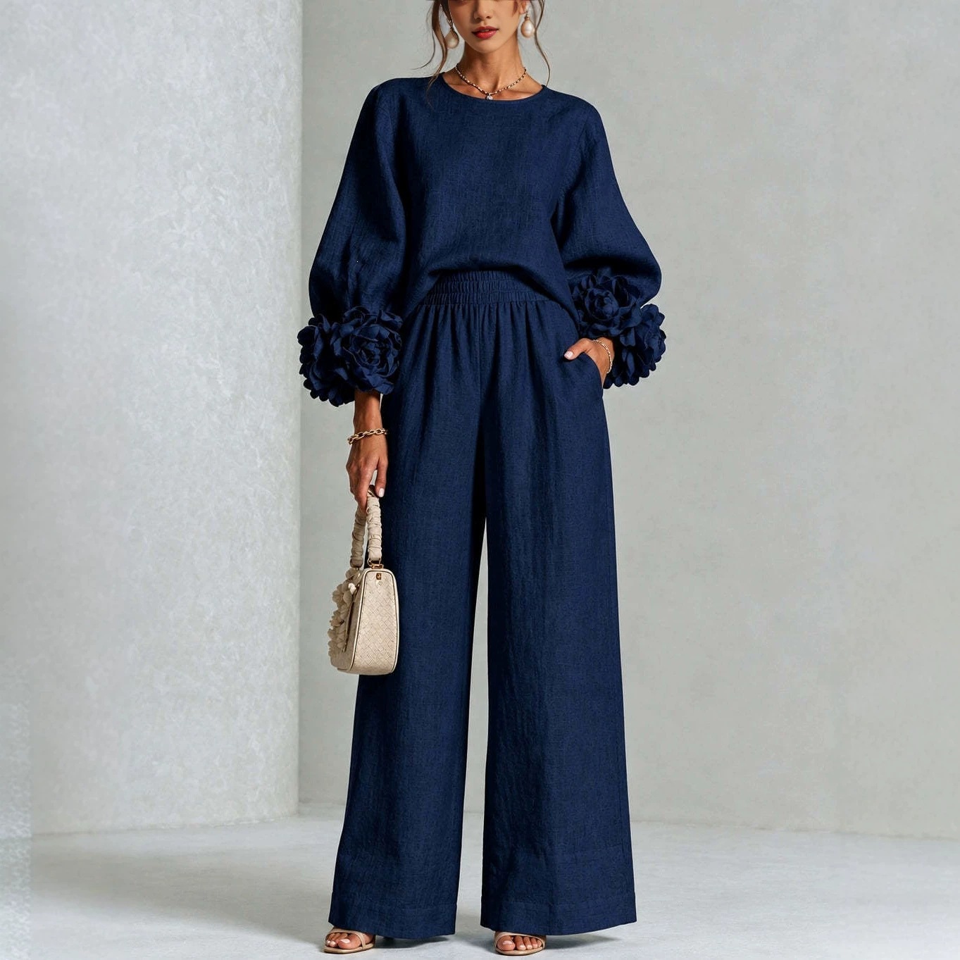 Women's Solid Crewneck Long Sleeve Floral Wide Leg Pants 2-Piece Set