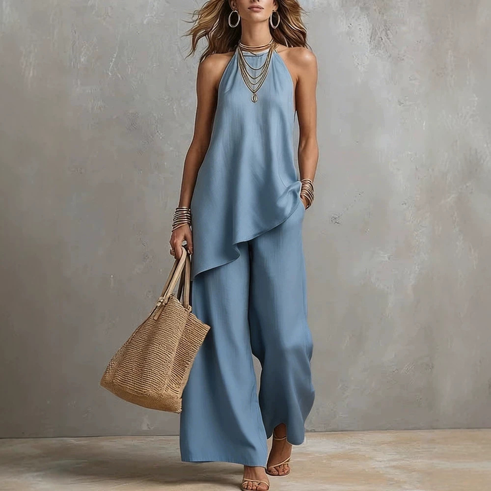 Women's Casual Crewneck Tank Top and Long Pants Solid Color Set