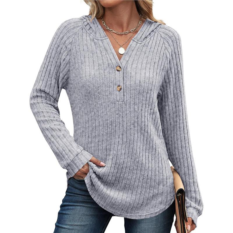 Women's Solid V-Neck Button Loose Hooded Fleece Knit Top