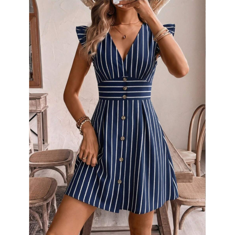 French V-Neck A-Line Button Midi Dress