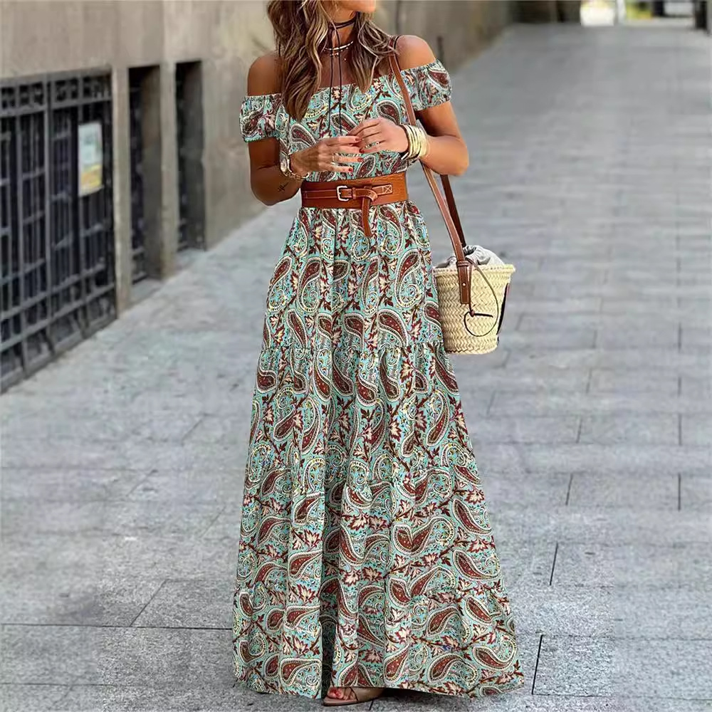 Floral Off-Shoulder Puff-Sleeve High-Waist A-Line Dress