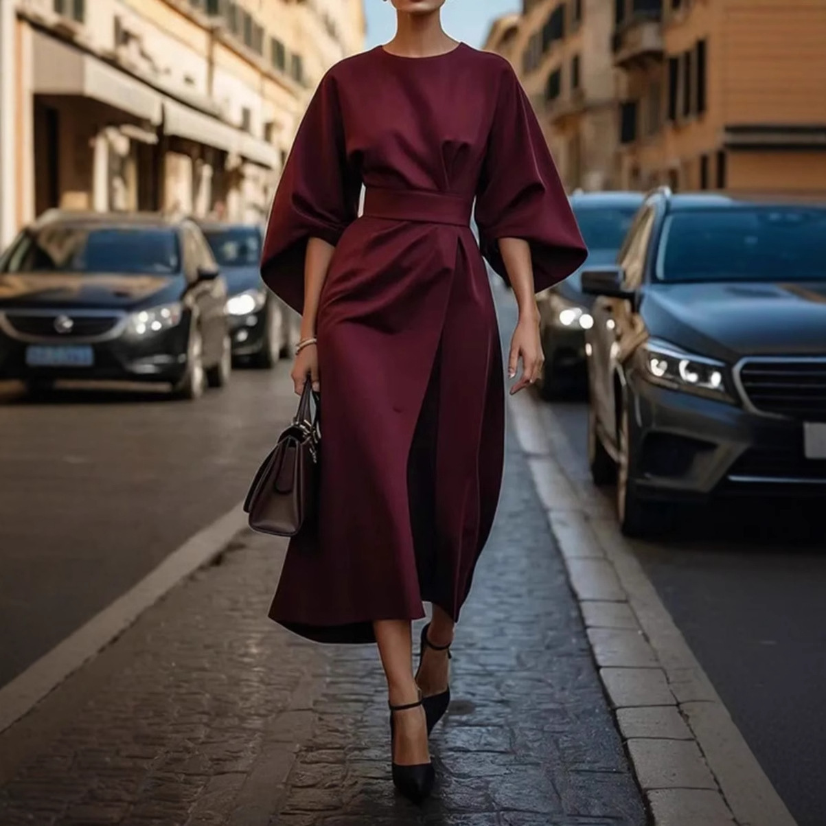 Women's Solid Color Cinched Waist Batwing Sleeve Maxi Dress