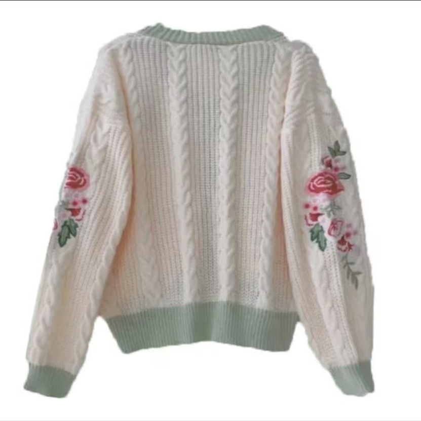 Leaf Embroidered Lantern Sleeve Loose Knit Cardigan
