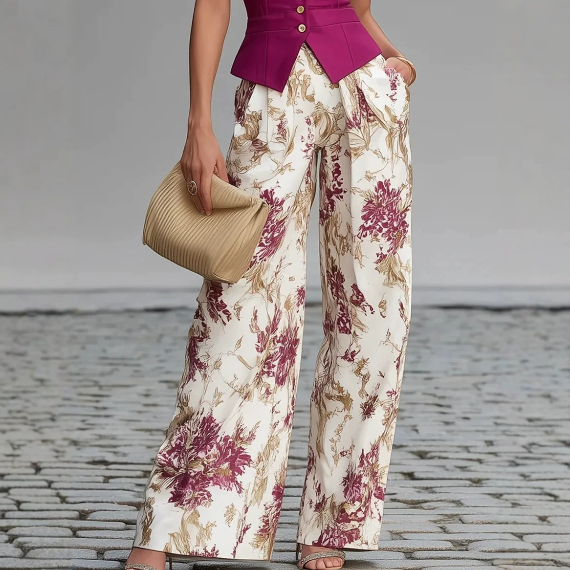 Purple Sleeveless Vest and Printed Wide-Leg Pants Two-Piece Set