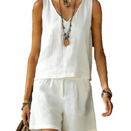 Women's Sleeveless Linen-Cotton Vest and Shorts Set Solid Color Two-Piece