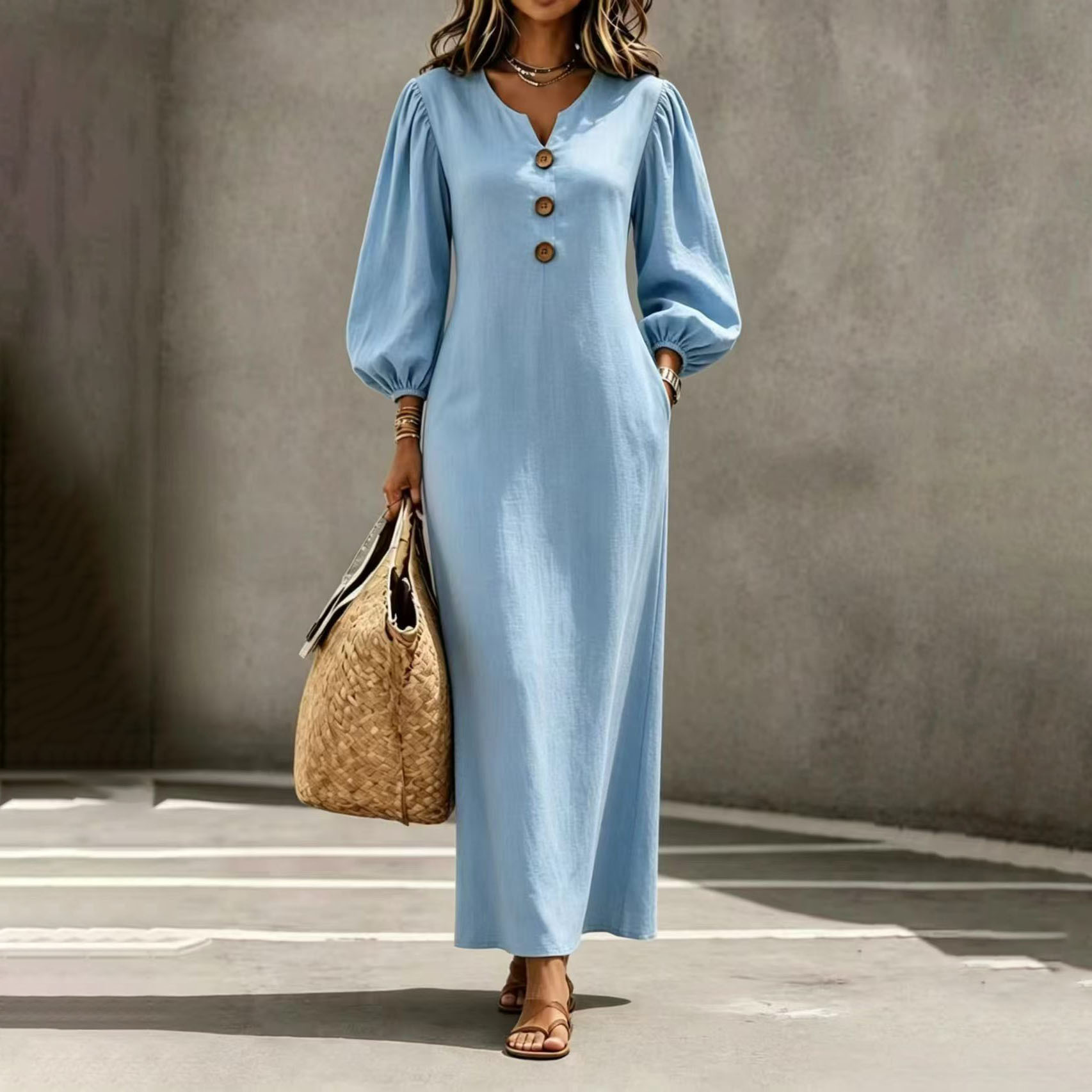 Women's V-Neck Button Bubble Sleeve Loose Long Dress