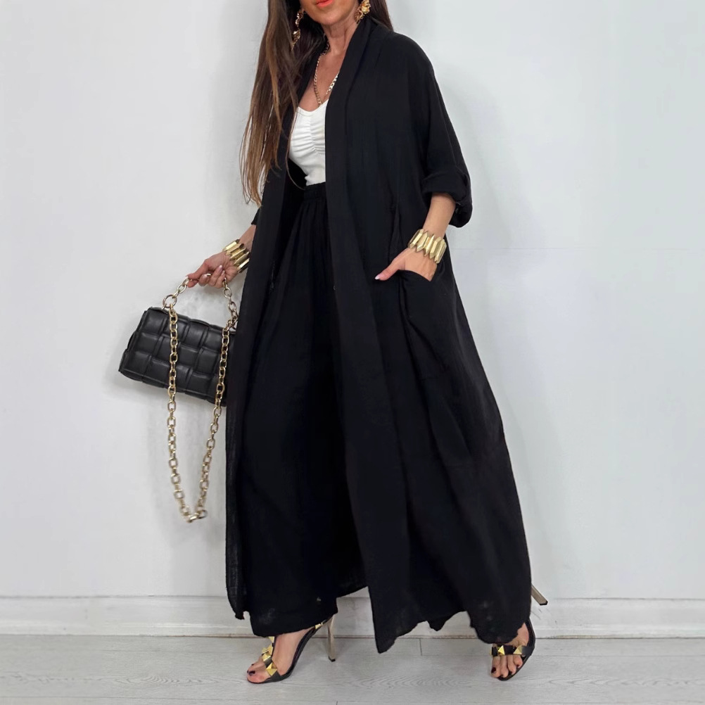Women's Solid Color Open-Front Long Cardigan Shirt Casual Set