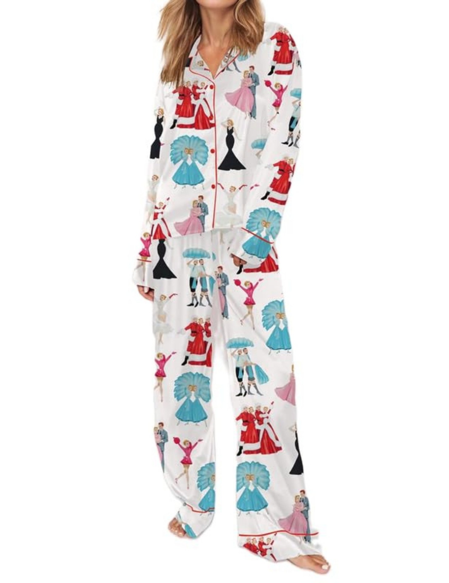 Christmas Tree Print Cuban Collar Long Sleeve Women's Set