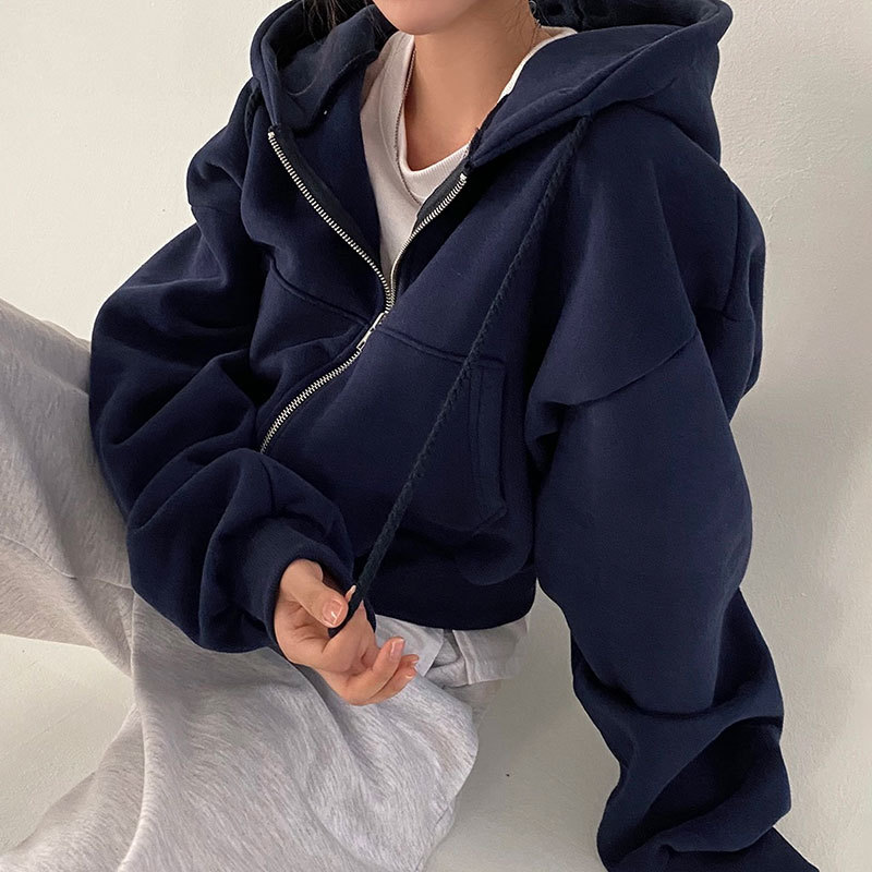 Women's Solid Zip-Up Hooded Cropped Hoodie