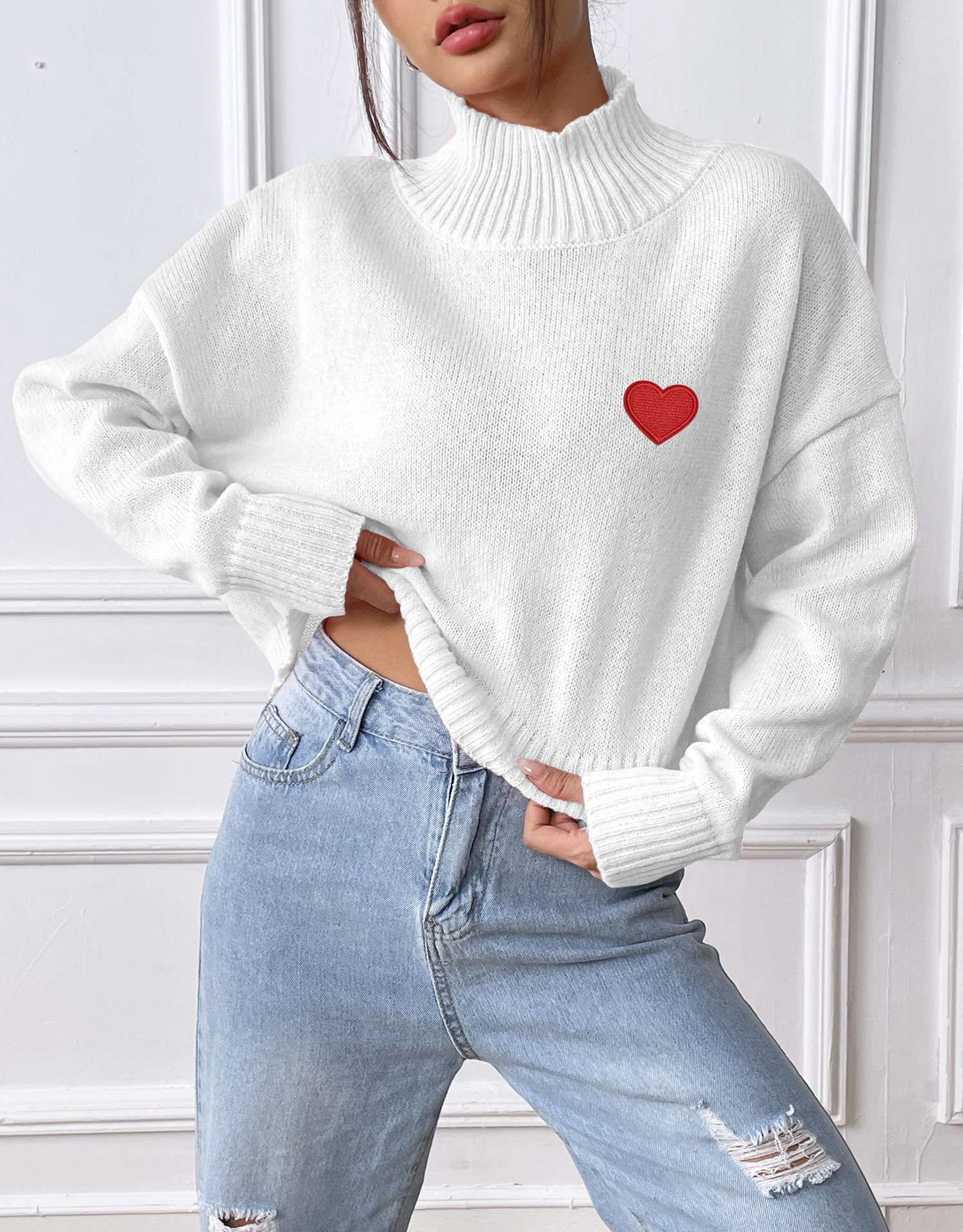Women's Cropped Turtleneck Sweater with Heart Patch