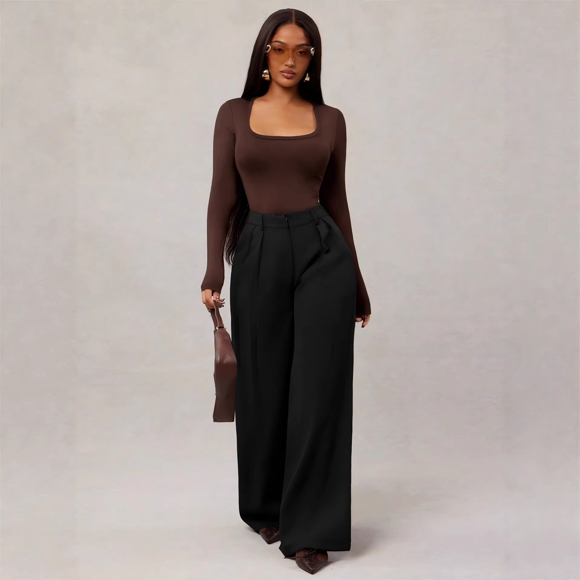 Pleated High-Waist Wide-Leg Casual Pants