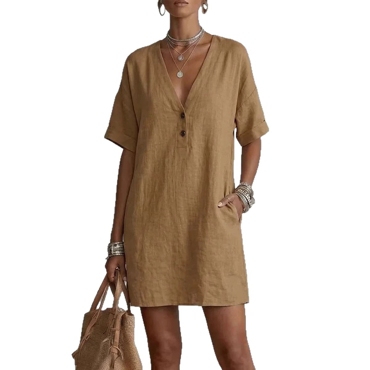 V-Neck Short Sleeve Loose Casual Midi Dress Half-Button A-Line