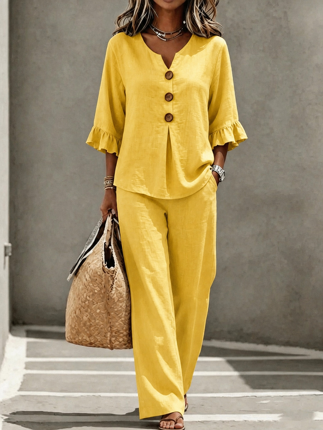 Women's Casual Button V-Neck Ruffle 3/4 Sleeve Top and Pants Two-Piece Set