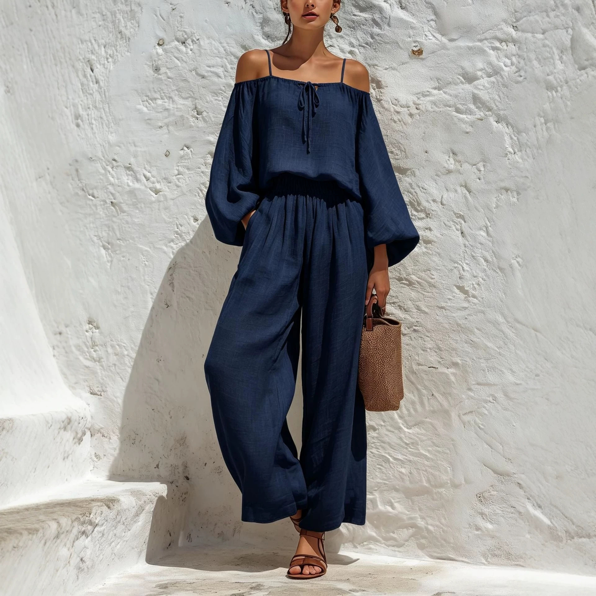 Off-Shoulder Long-Sleeve Top & Wide-Leg Pants Two-Piece Set