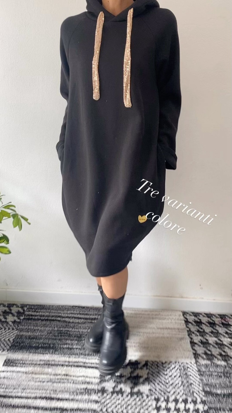 Loose Solid Color Hooded Long Sleeve Sweatshirt Dress