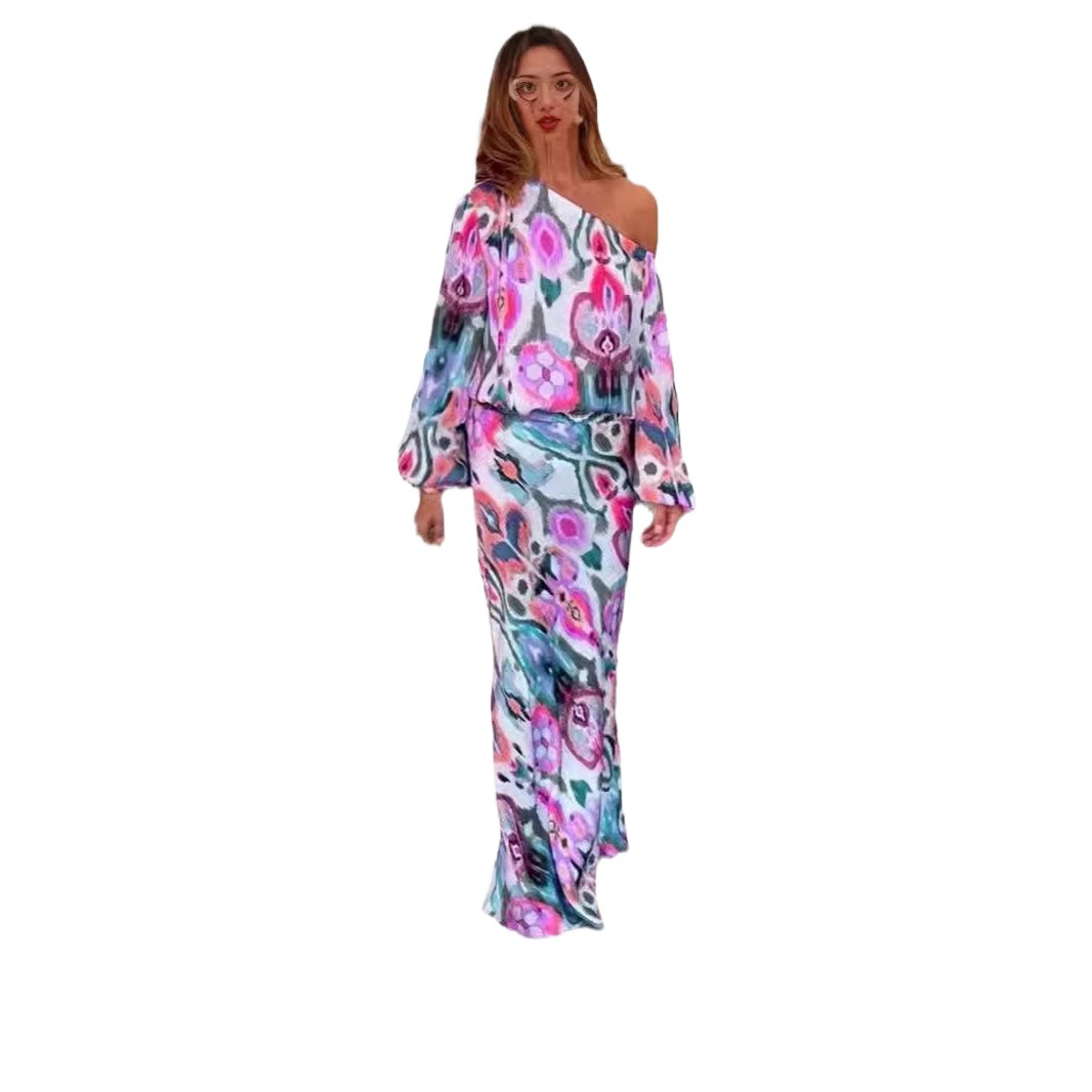 Women's Floral Print Long Sleeve Off-Shoulder Top and Mermaid Maxi Skirt Set