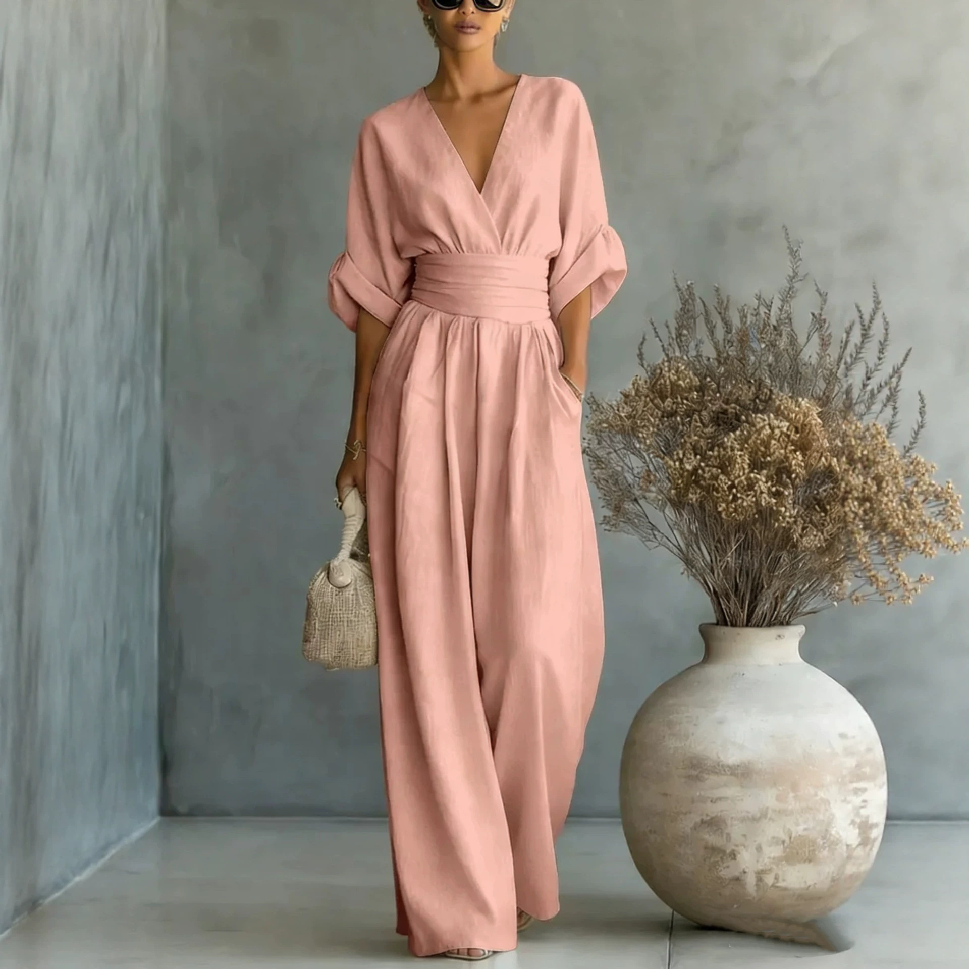 Elegant V-Neck Waist-Cinching Jumpsuit
