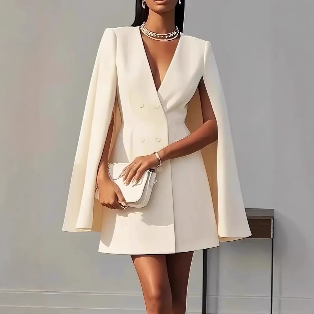 Double-Breasted Cape Blazer Dress Solid Color V-Neck A-Line Midi