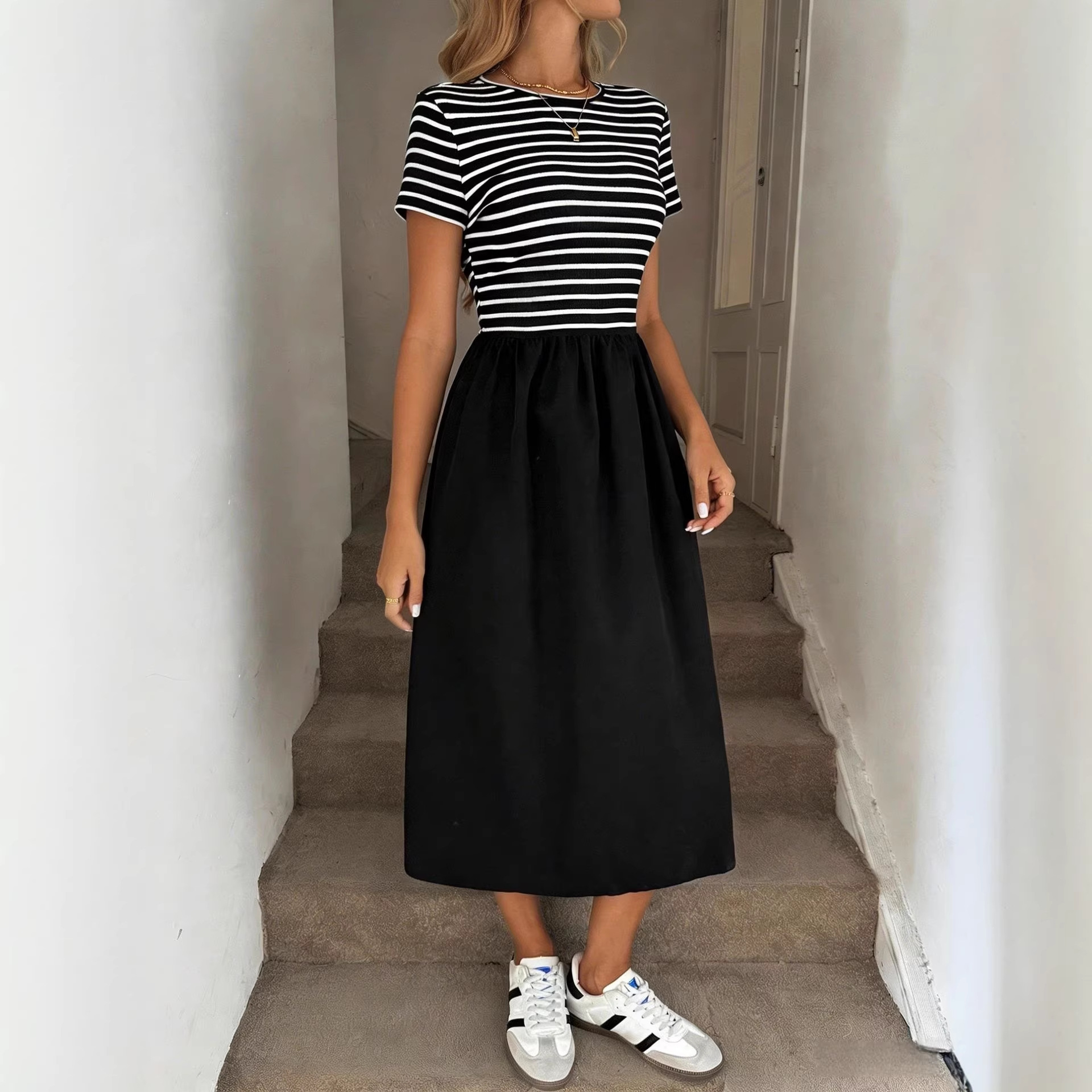 Retro Crewneck High-Waist Ruched Colorblock Striped Tank Dress